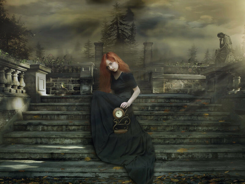 Woman with clock on steps