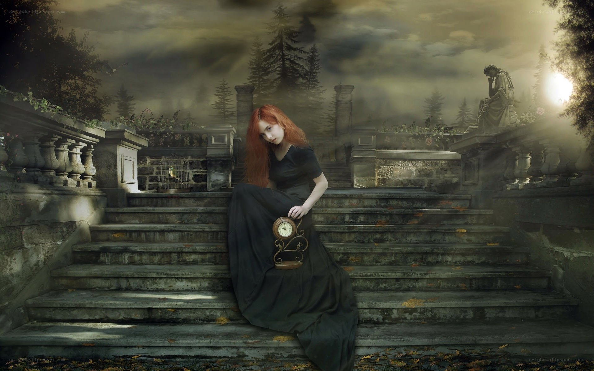 Woman with clock on steps