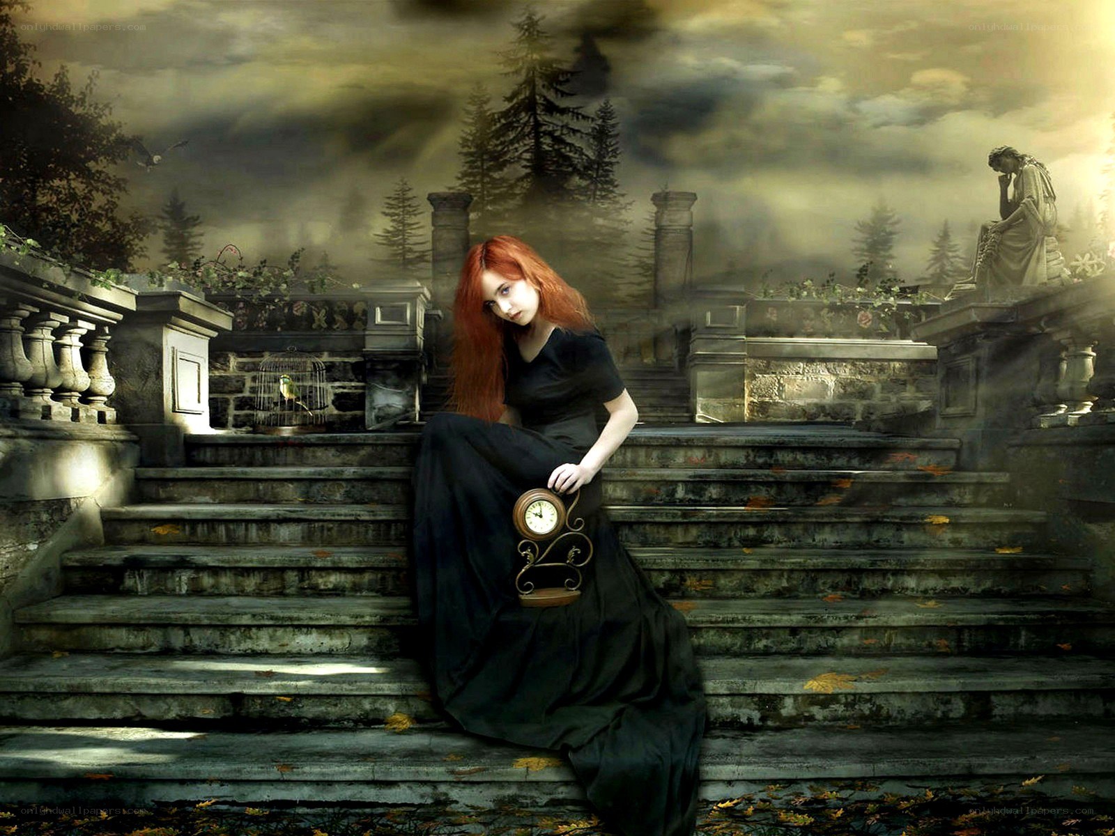 Woman with clock on stone steps