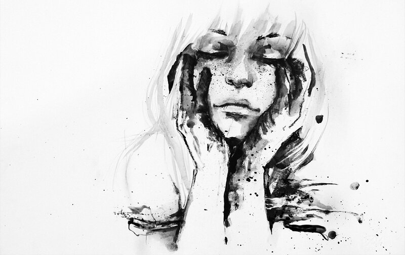 Woman with Closed Eyes — Black, Dramatic, Illustration