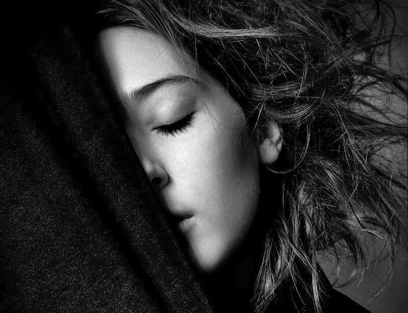 Woman with Closed Eyes — Black, Dramatic, Photograph, Hair, Face