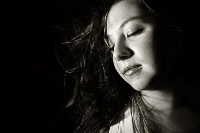 Woman with Closed Eyes — Black, Dramatic, Photograph, Hair, Face, White