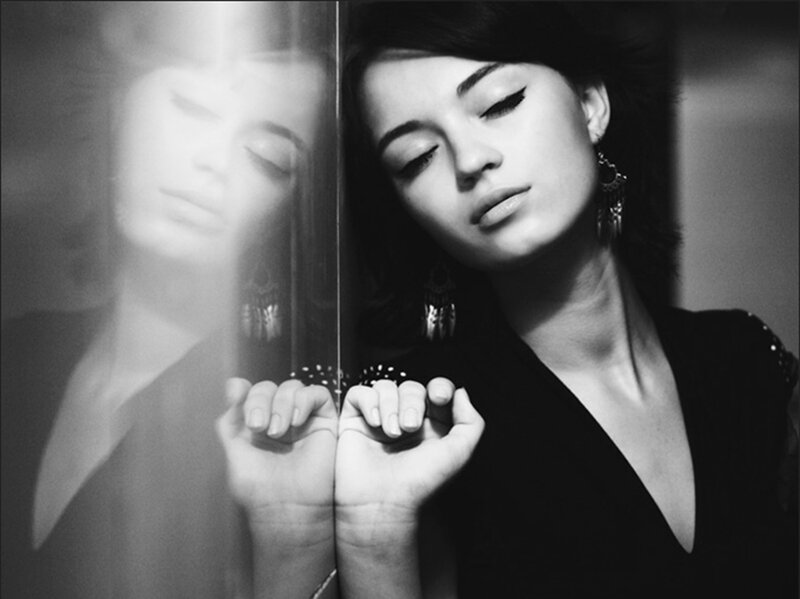 Woman with Closed Eyes — Black, Dramatic, Photograph, Mirror