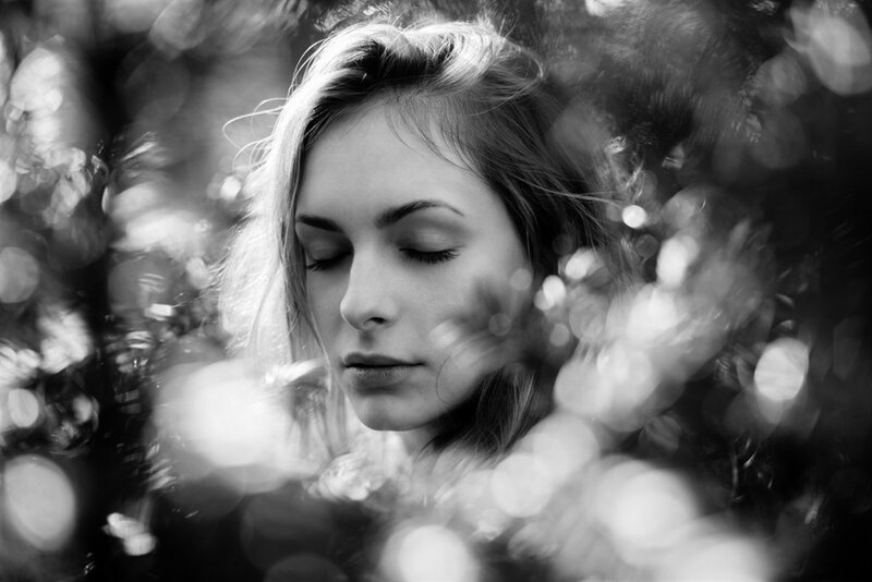 Woman with Closed Eyes — Black, Serene, Photograph, Trees