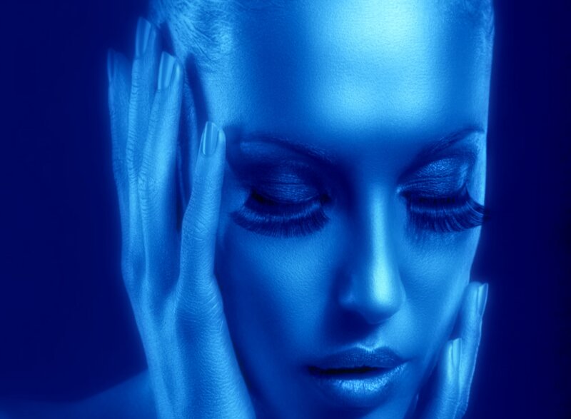 Woman with Closed Eyes — Blue, Serene, Photograph, Hands