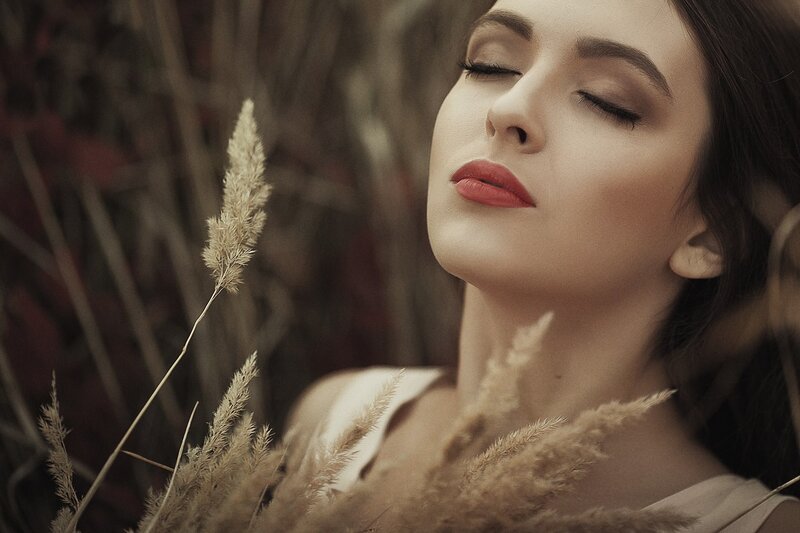 Woman with Closed Eyes — Brown, Serene, Autumn, Photograph