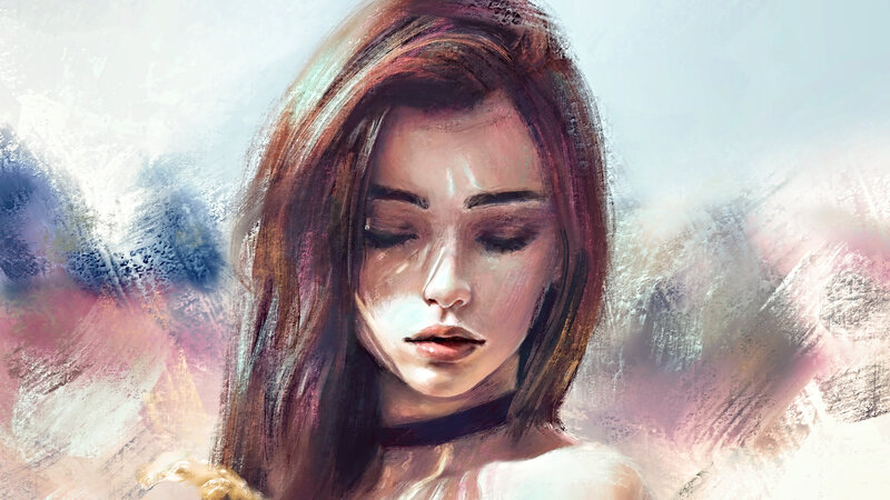 Woman with Closed Eyes — Brown, Serene, Digital Art, Hair