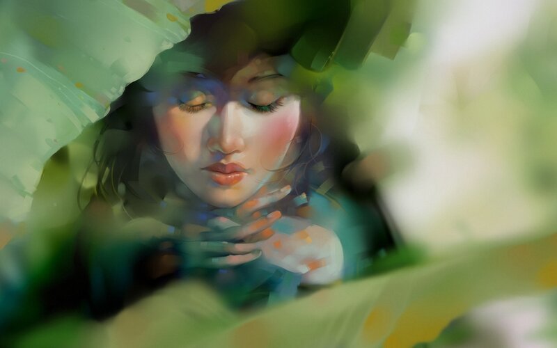 Woman with Closed Eyes — Green, Serene