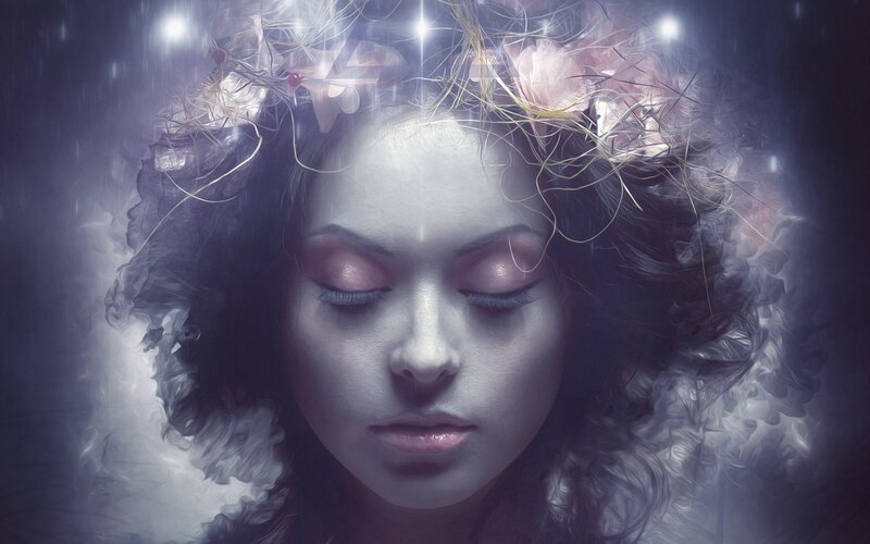 Woman with Closed Eyes — Purple, Serene, Digital Art