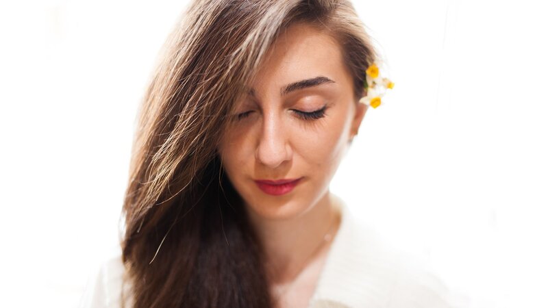 Woman with Closed Eyes — White, Serene, Photograph, Flower