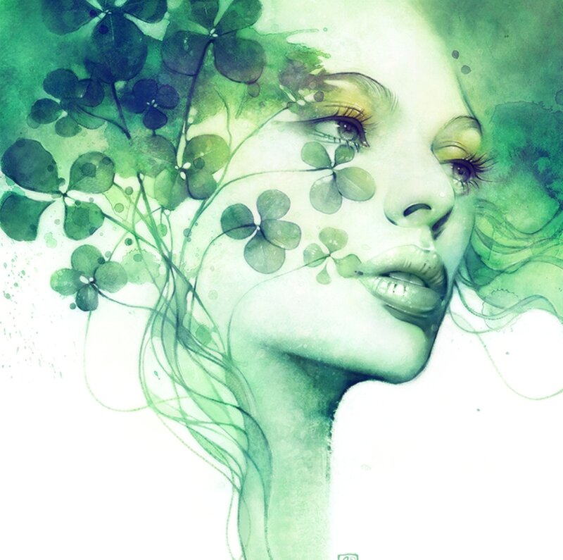 Woman with Clover Leaves — Green