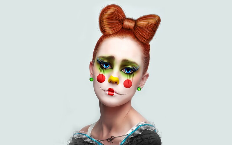 Woman with Clown Makeup — White, Dramatic, Digital Art, Bow