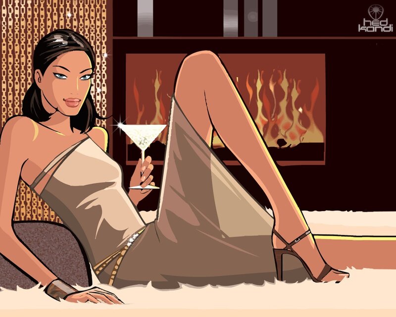 Woman with cocktail by fireplace