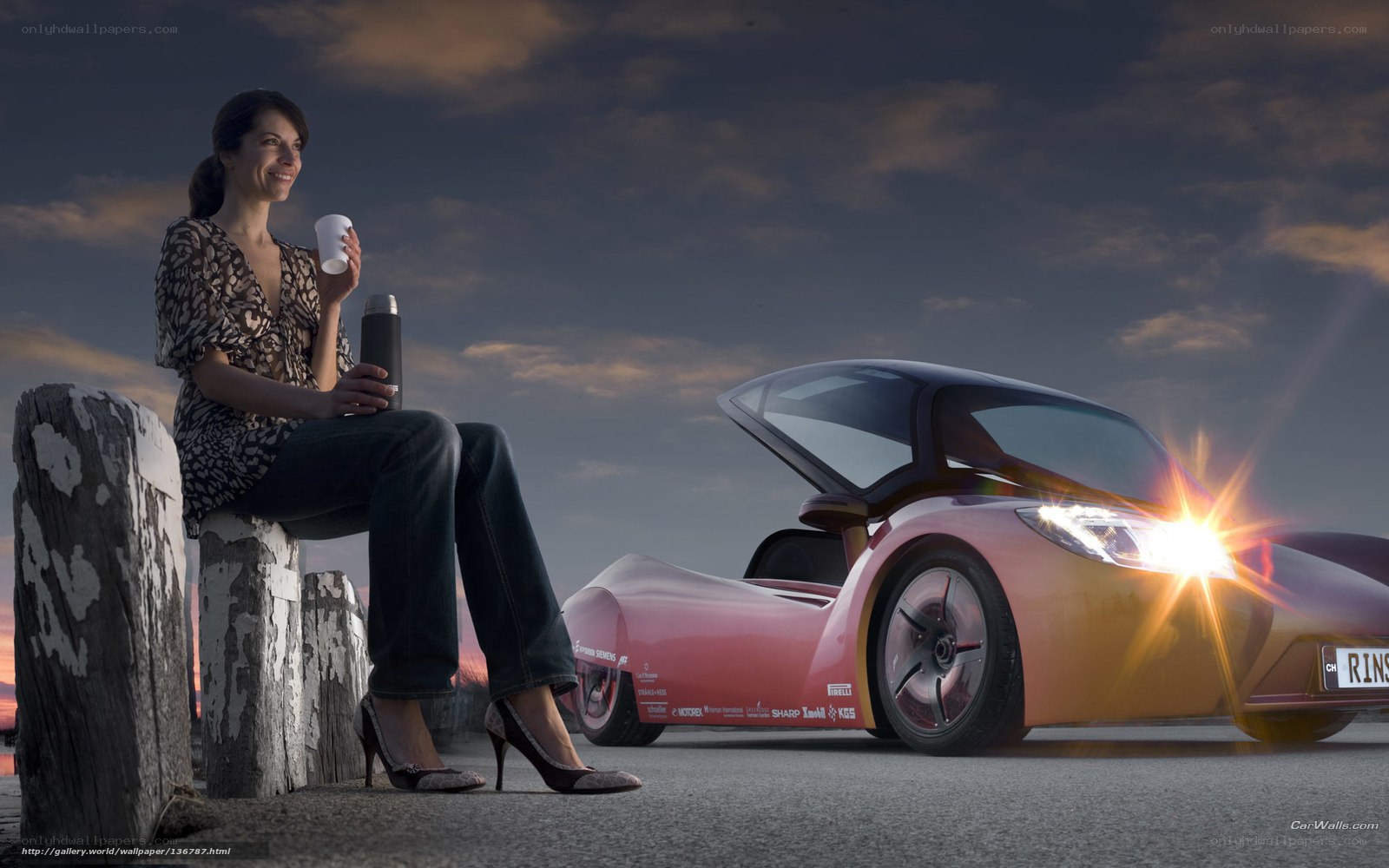 Woman with coffee near futuristic car
