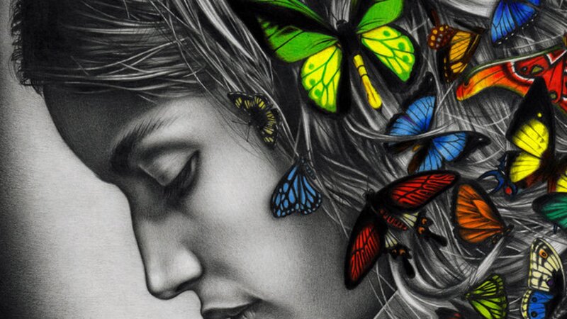 woman with colorful butterflies