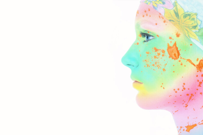 Woman with Colorful Face Paint — Green, Dreamy, Digital Art