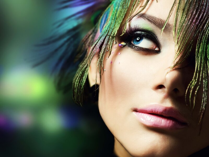 woman with colorful feathers