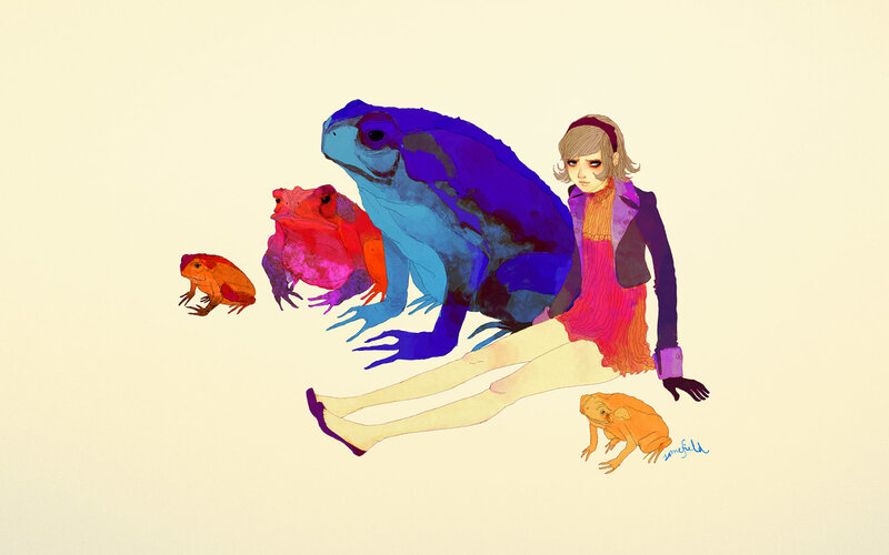 woman with colorful frogs