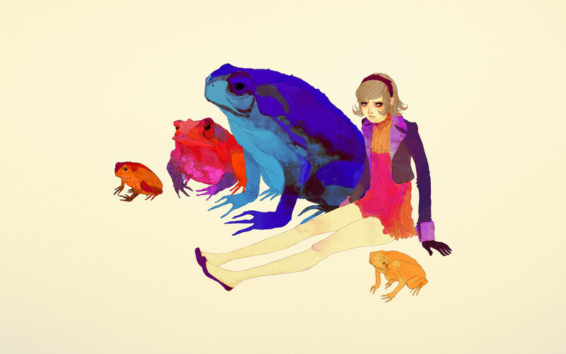 woman with colorful frogs
