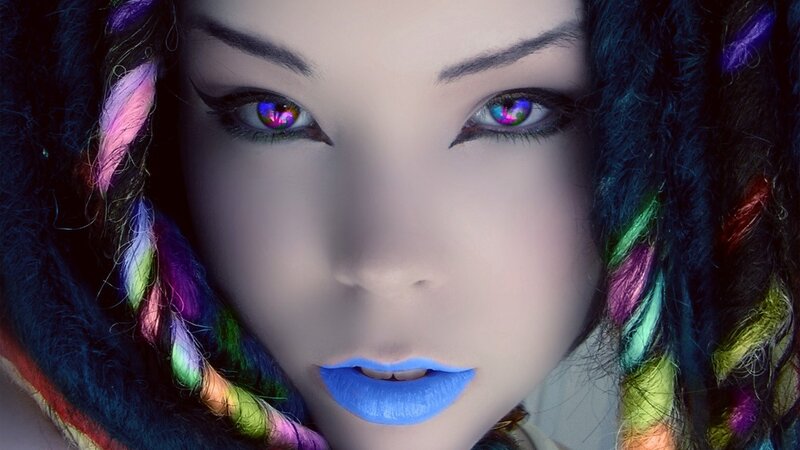 woman with colorful hair and eyes