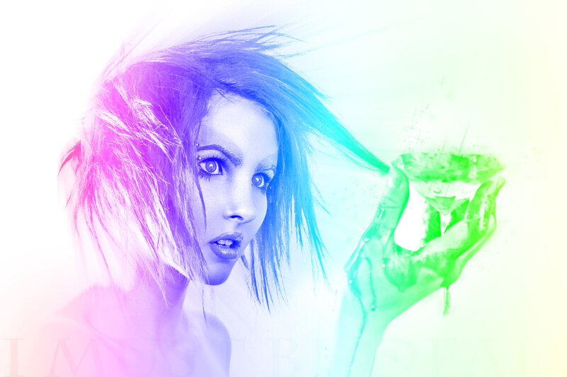 woman with colorful hair and glowing hand