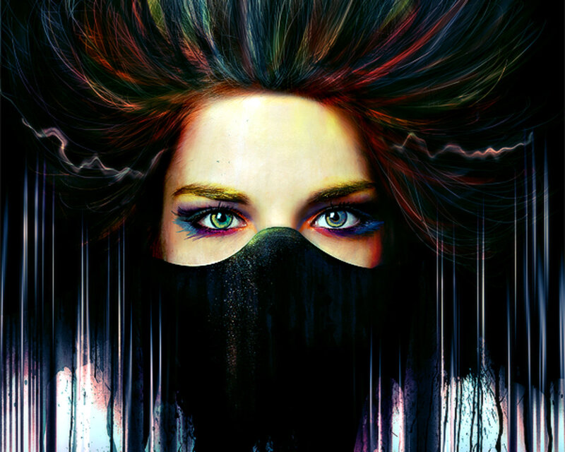 Woman with Colorful Hair — Black, Dramatic, Digital Art, Eyes