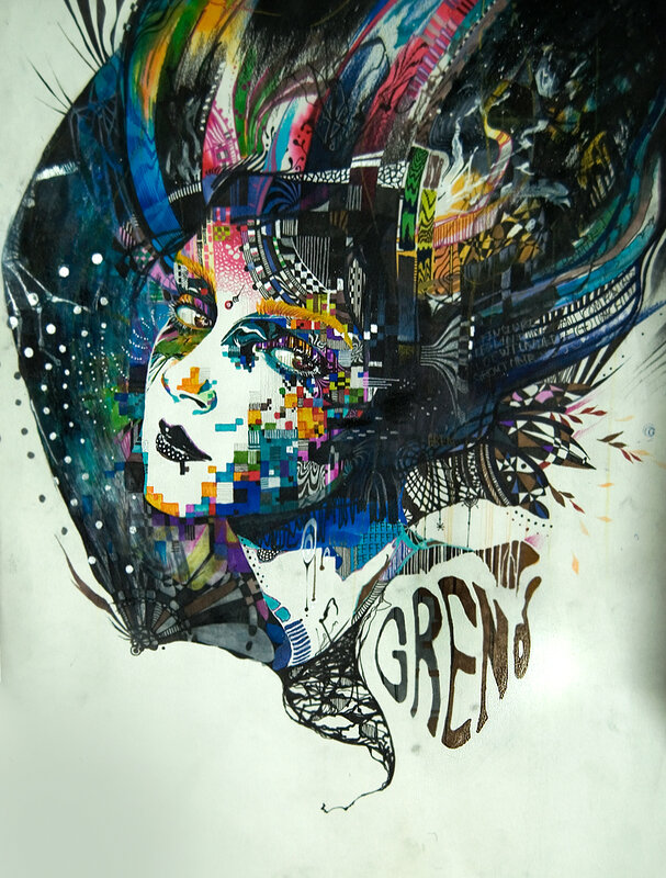 Woman with Colorful Hair — Black, Dramatic, Digital Art, Face