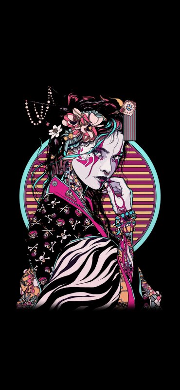 Woman with Colorful Hair — Black, Dramatic, Digital Art, Flowers