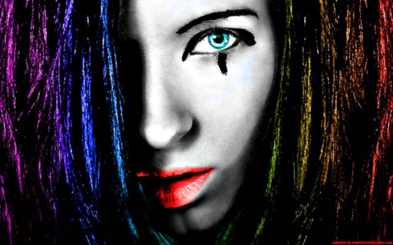 Woman with Colorful Hair — Black, Dramatic, Digital Art
