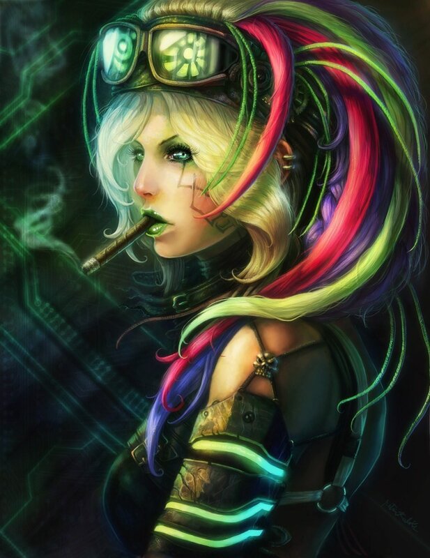 Woman with Colorful Hair — Black, Dramatic, Night, Digital Art