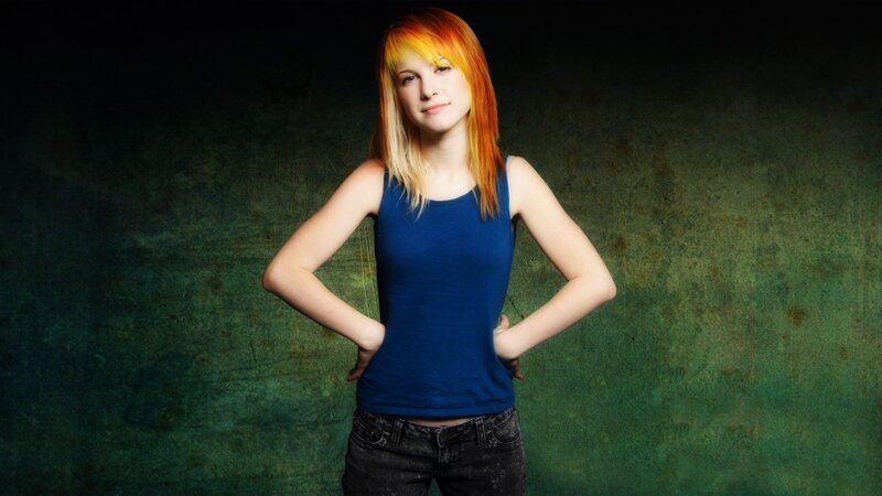 Woman with Colorful Hair — Blue, Confident, Photograph, Tank Top, Jeans, Green Background