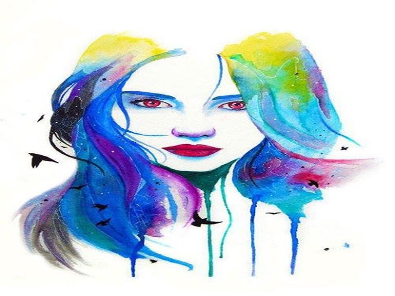 Woman with Colorful Hair — Blue, Dramatic, Digital Art, Birds