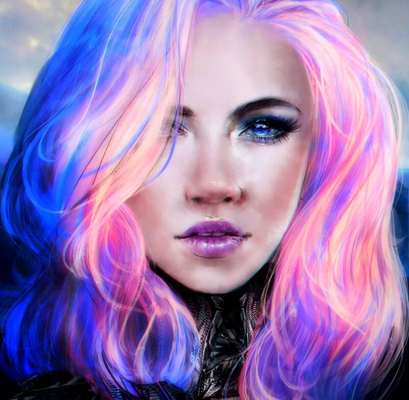 Woman with Colorful Hair — Blue, Dramatic, Digital Art, Eyes, Makeup