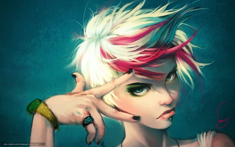 Woman with Colorful Hair — Blue, Dramatic, Digital Art, Hand Gesture