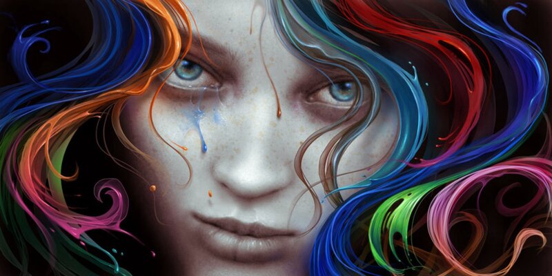 Woman with Colorful Hair — Blue, Dramatic, Digital Art, Tear