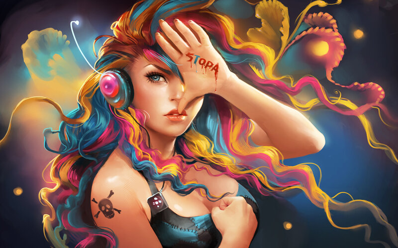 Woman with Colorful Hair — Blue, Dramatic, Night, Digital Art