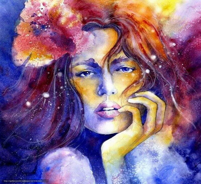Woman with Colorful Hair — Blue, Dramatic, Painting
