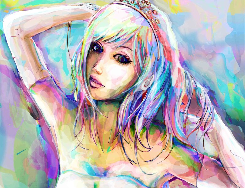Woman with Colorful Hair — Blue, Dreamy, Digital Art, Crown, Blonde Hair