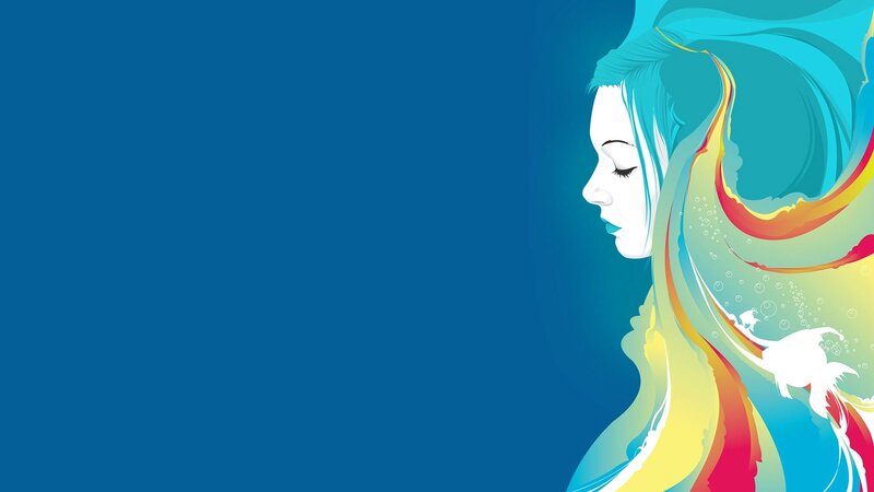 Woman with Colorful Hair — Blue, Serene, Digital Art, Fish