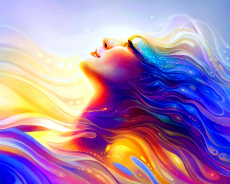 Woman with Colorful Hair — Blue, Serene, Digital Art
