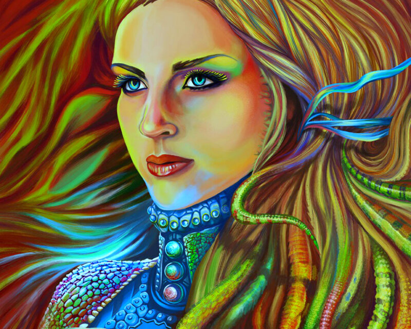 Woman with Colorful Hair — Blue, Vibrant, Digital Art, Necklace