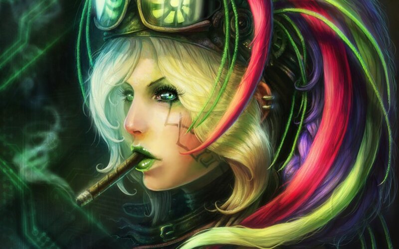 Woman with Colorful Hair — Green, Dramatic, Digital Art, Cigarette