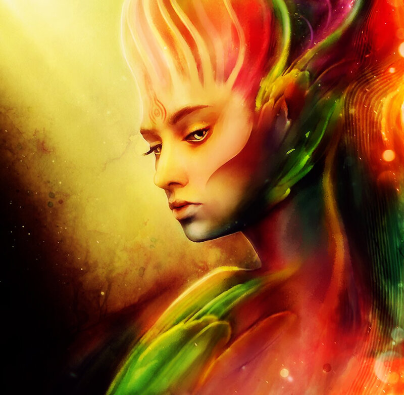 Woman with Colorful Hair — Green, Dramatic, Digital Art, Face