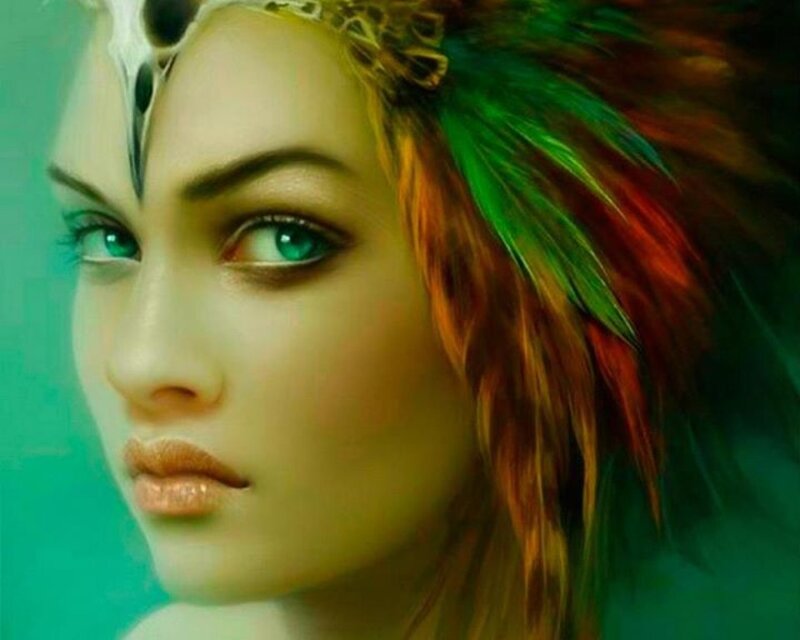 Woman with Colorful Hair — Green, Dramatic, Digital Art, Feathers