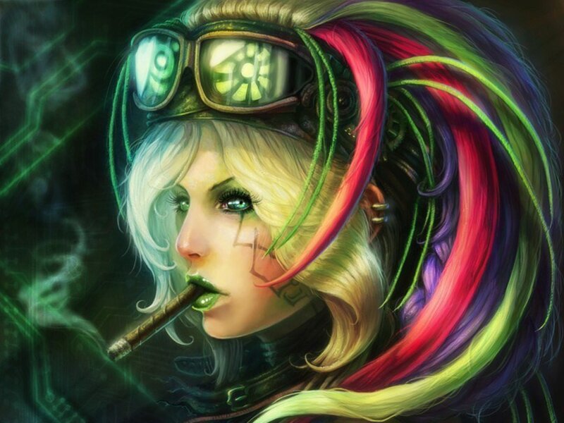 Woman with Colorful Hair — Green, Dramatic, Digital Art, Goggles