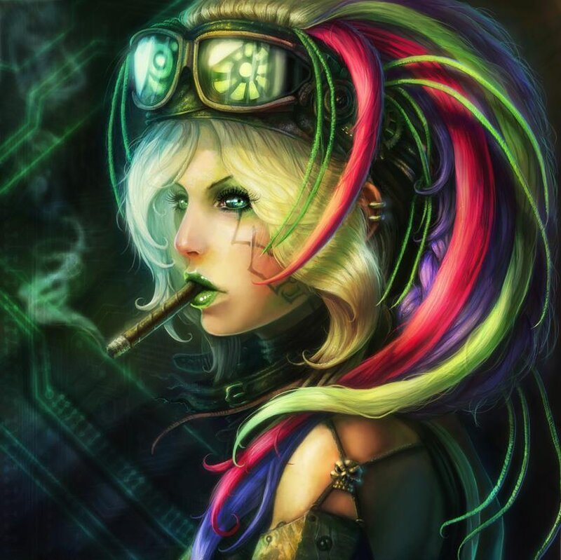 Woman with Colorful Hair — Green, Dramatic, Digital Art
