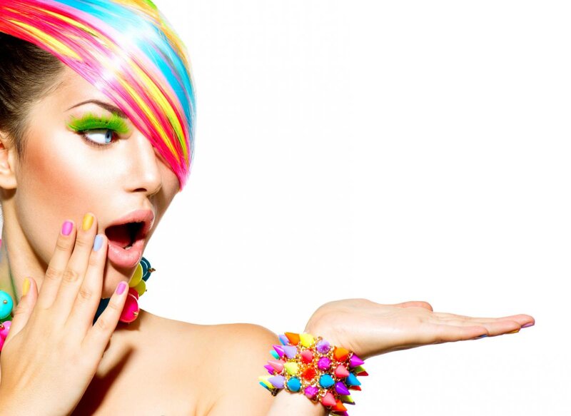 Woman with Colorful Hair — Pink, Vibrant, Photograph, Makeup, Jewelry, Nail Polish