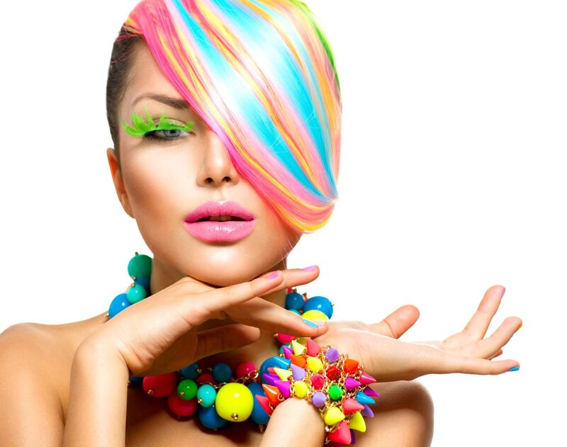 Woman with Colorful Hair — Pink, Vibrant, Photograph, Makeup, Jewelry