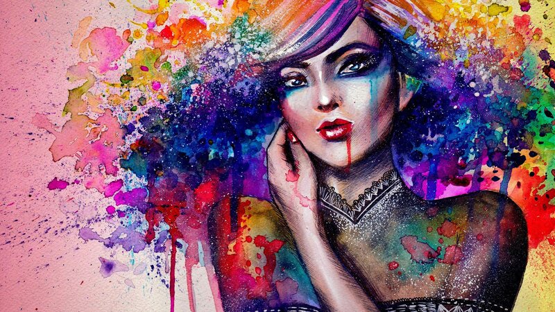 Woman with Colorful Hair — Purple, Dramatic, Digital Art, Paint Splatters