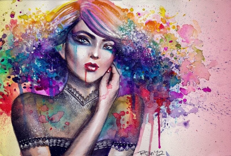 Woman with Colorful Hair — Purple, Dramatic, Digital Art